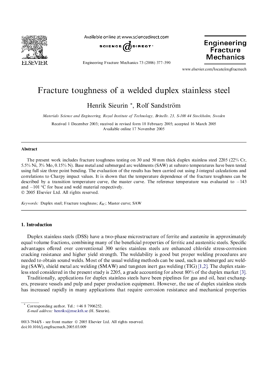 Fracture toughness of a welded duplex stainless steel