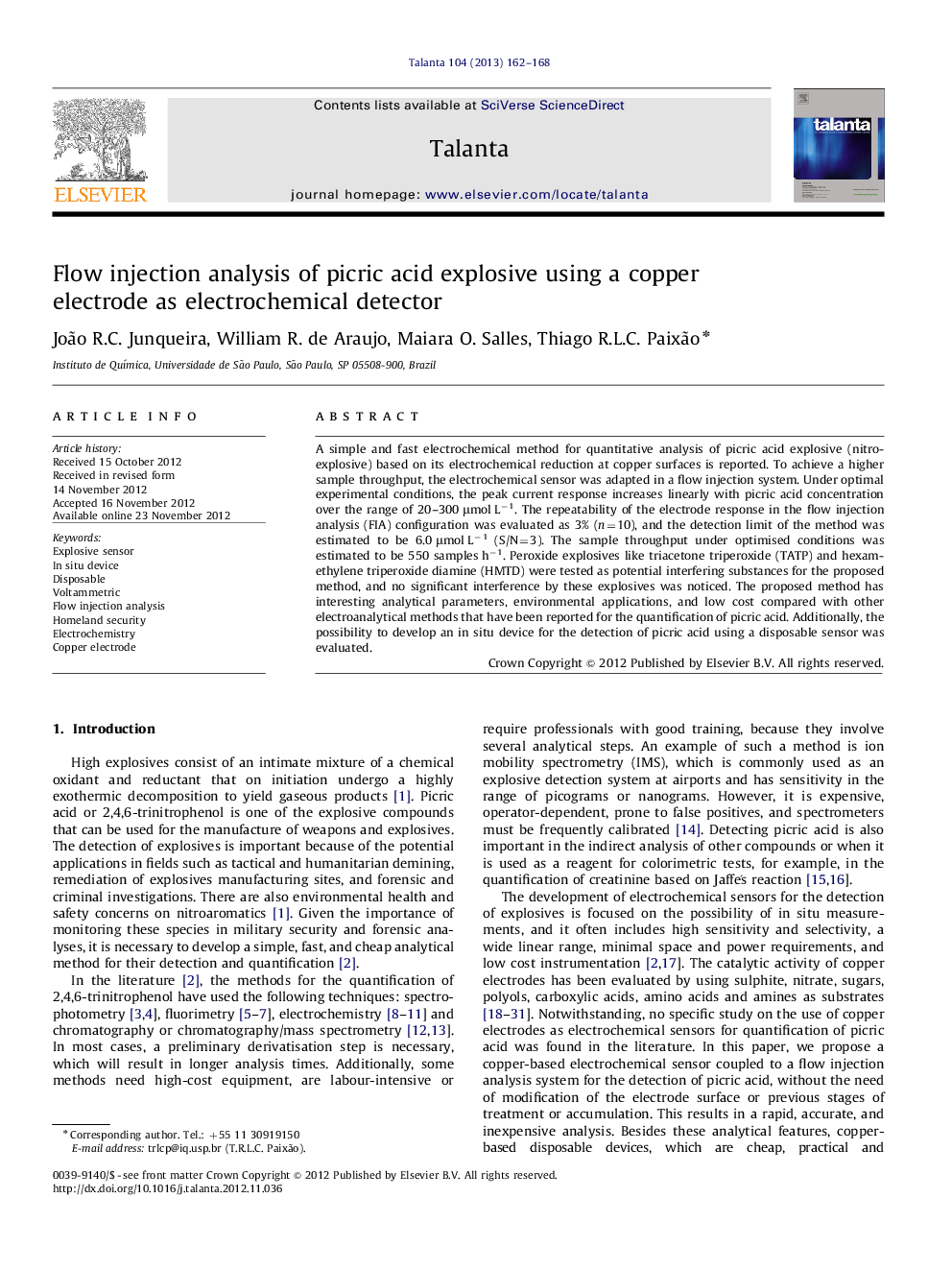 Flow injection analysis of picric acid explosive using a copper electrode as electrochemical detector