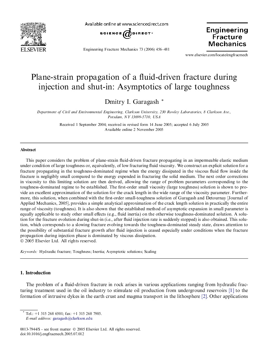 Plane-strain propagation of a fluid-driven fracture during injection and shut-in: Asymptotics of large toughness