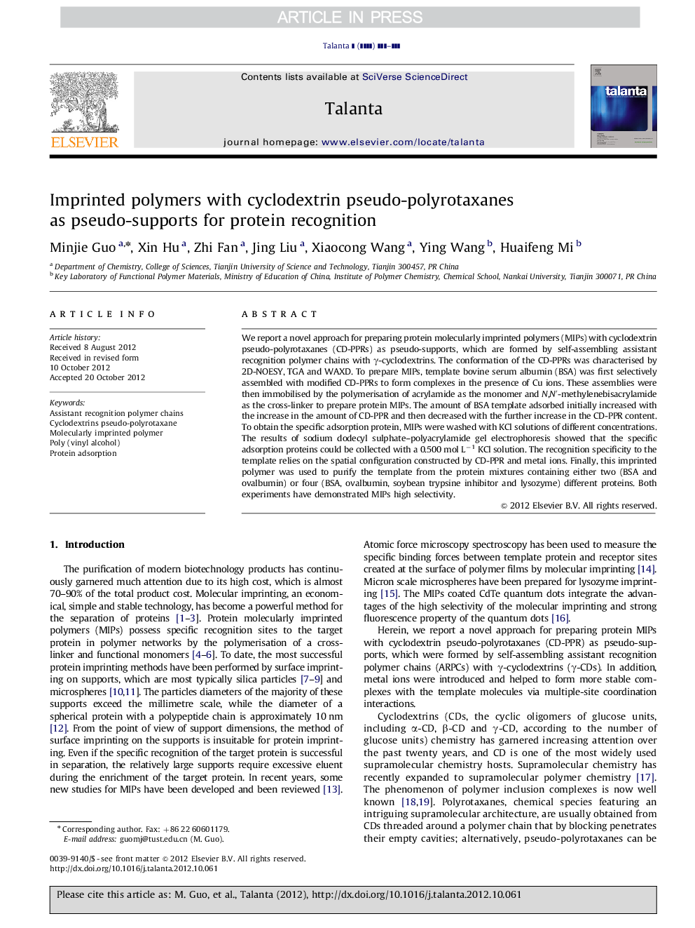 Imprinted polymers with cyclodextrin pseudo-polyrotaxanes as pseudo-supports for protein recognition