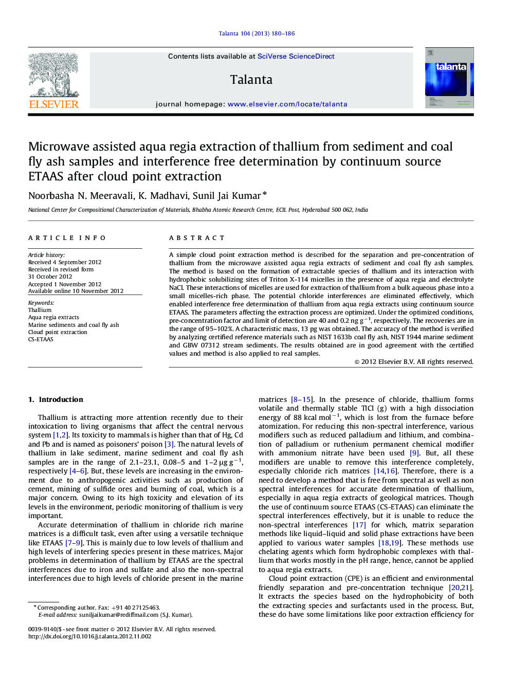 Microwave assisted aqua regia extraction of thallium from sediment and coal fly ash samples and interference free determination by continuum source ETAAS after cloud point extraction