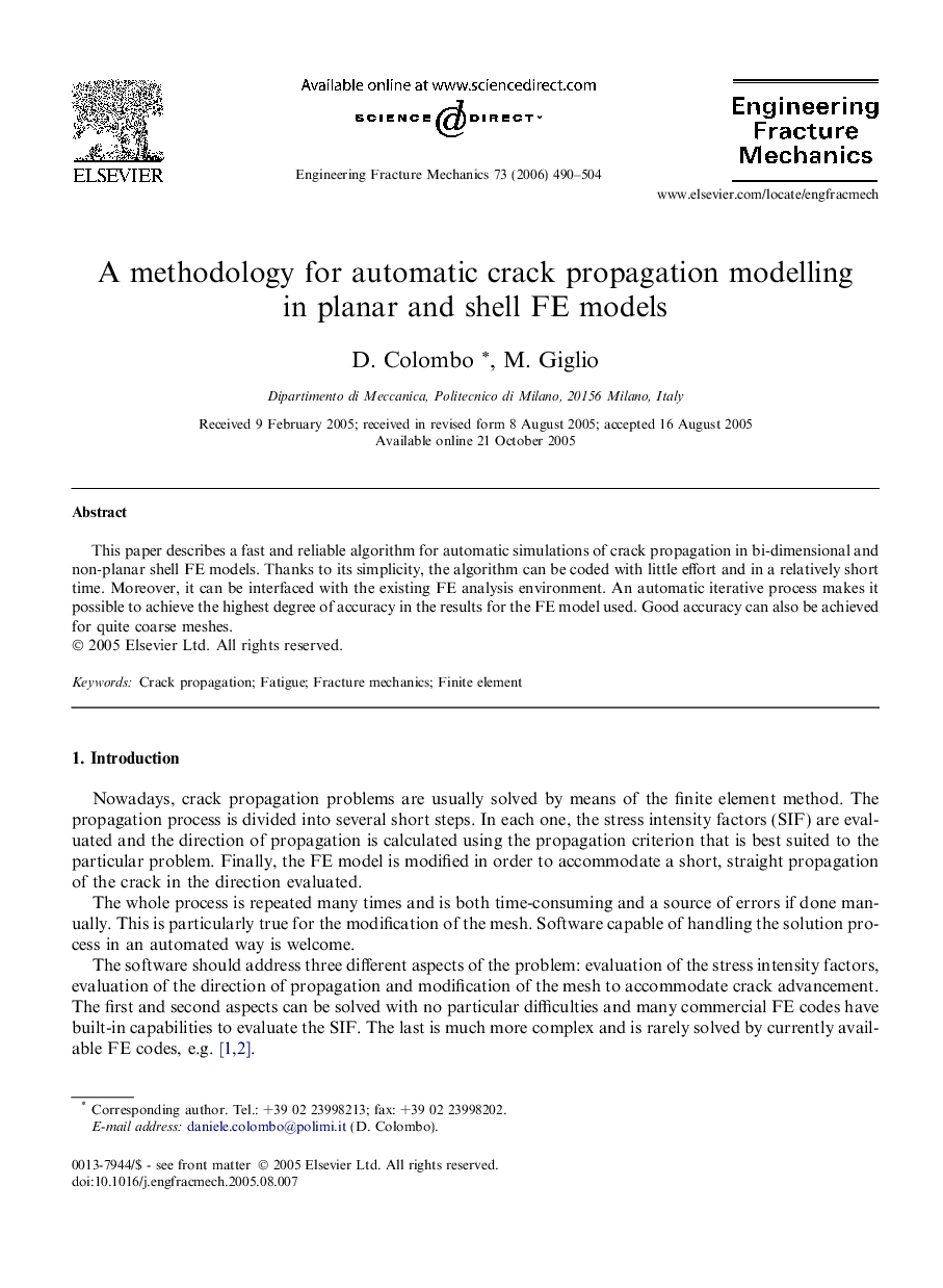 A methodology for automatic crack propagation modelling in planar and shell FE models