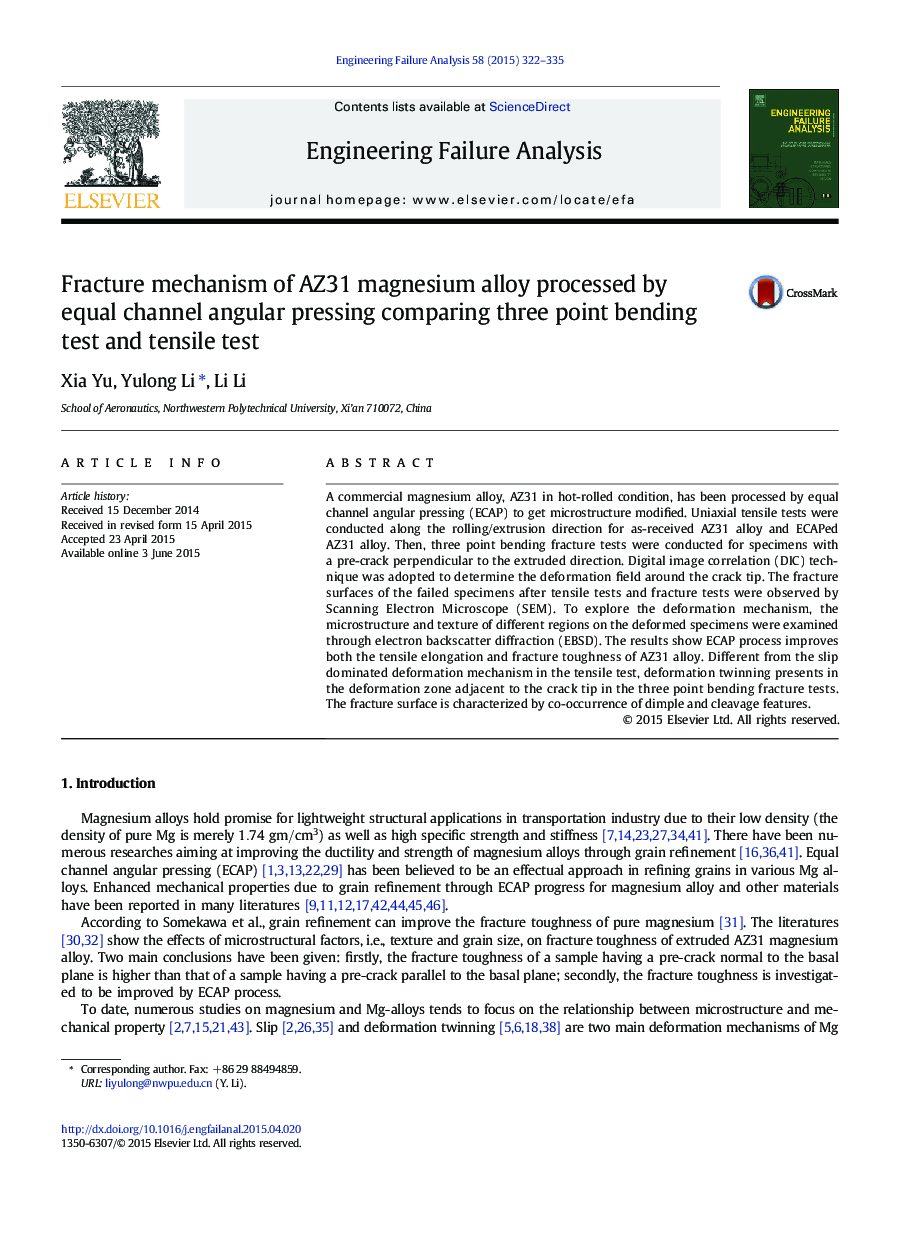 Fracture mechanism of AZ31 magnesium alloy processed by equal channel angular pressing comparing three point bending test and tensile test