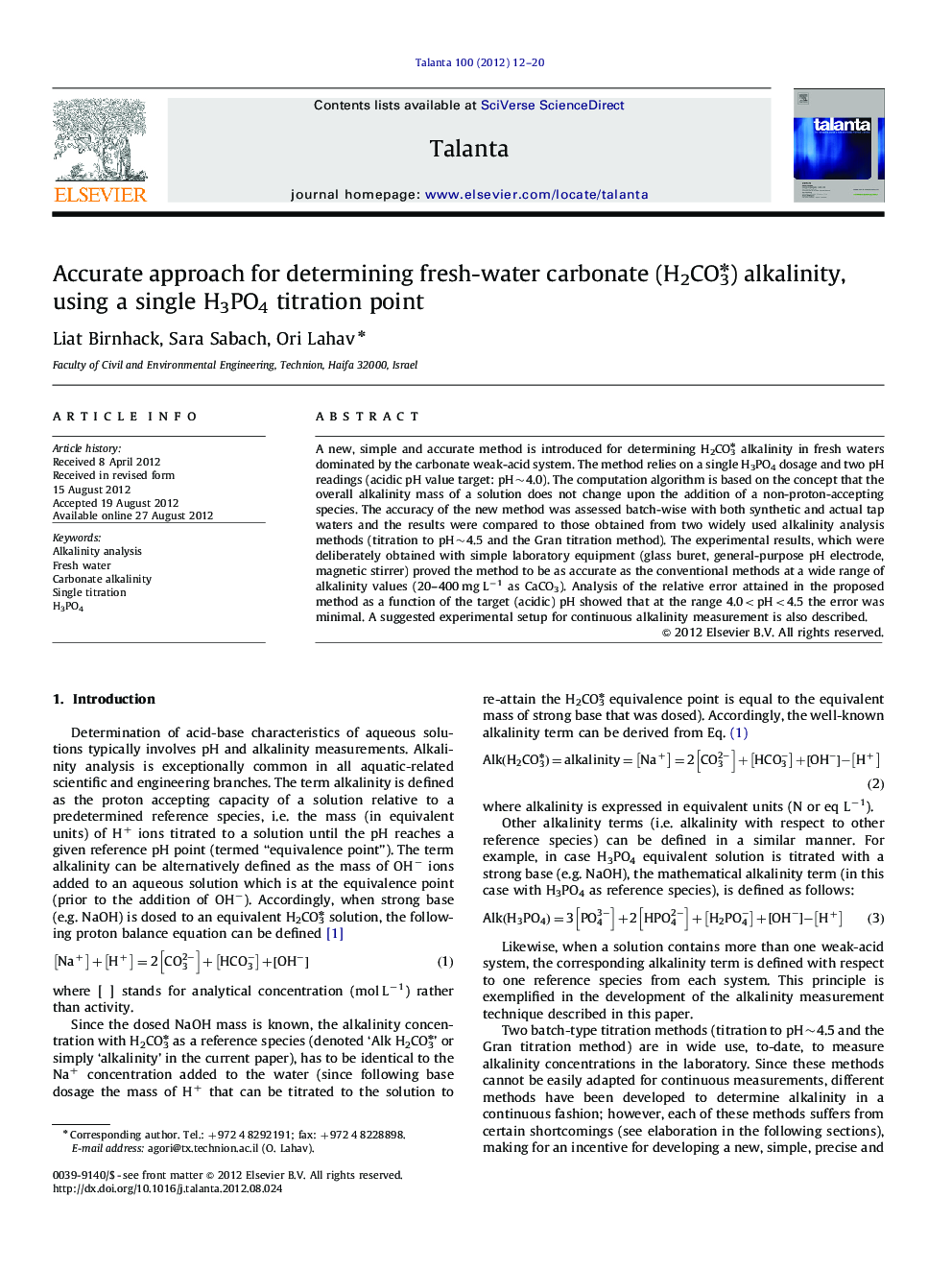 Accurate approach for determining fresh-water carbonate (H2CO3â) alkalinity, using a single H3PO4 titration point