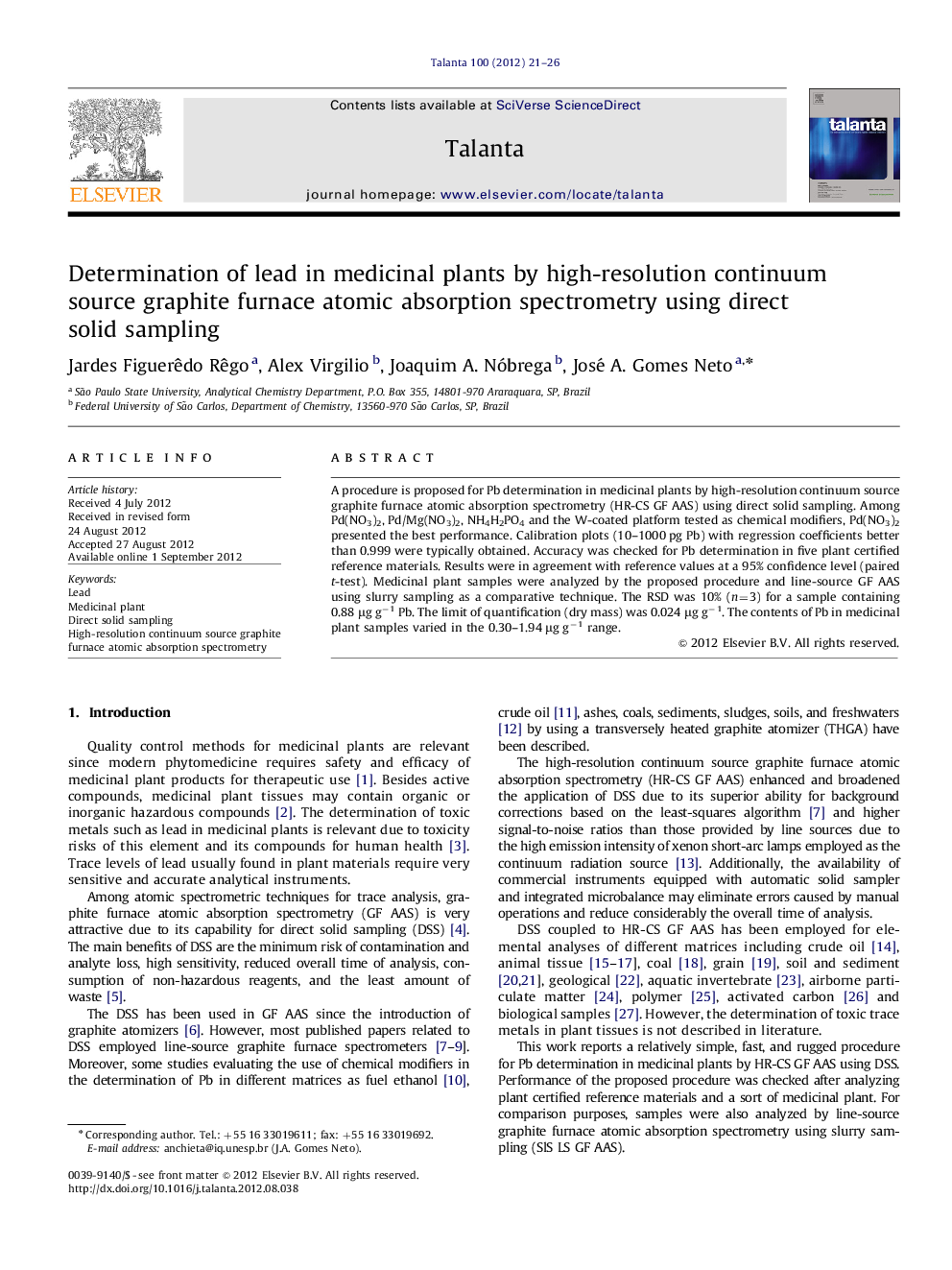 Determination of lead in medicinal plants by high-resolution continuum source graphite furnace atomic absorption spectrometry using direct solid sampling