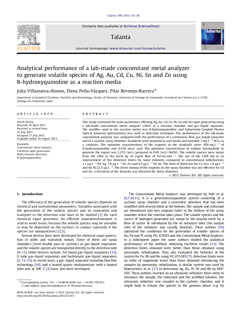 Analytical performance of a lab-made concomitant metal analyzer to generate volatile species of Ag, Au, Cd, Cu, Ni, Sn and Zn using 8-hydroxyquinoline as a reaction media