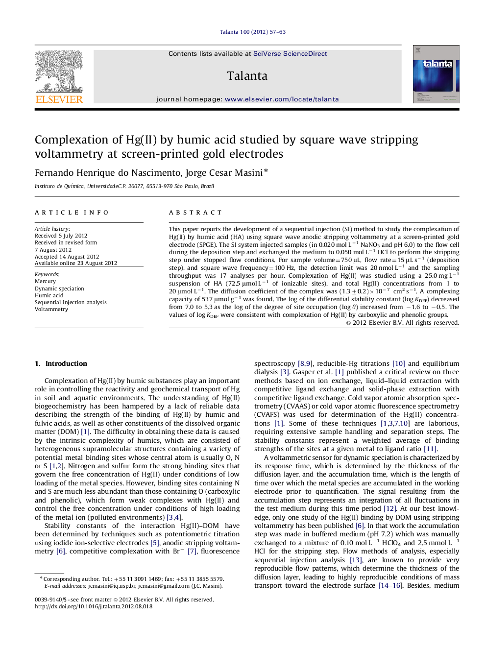 Complexation of Hg(II) by humic acid studied by square wave stripping voltammetry at screen-printed gold electrodes