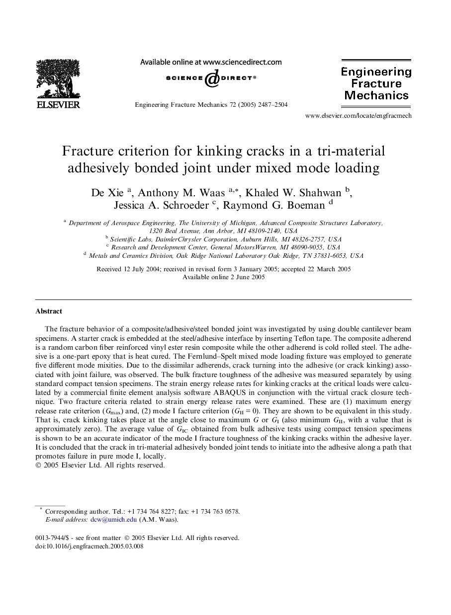 Fracture criterion for kinking cracks in a tri-material adhesively bonded joint under mixed mode loading