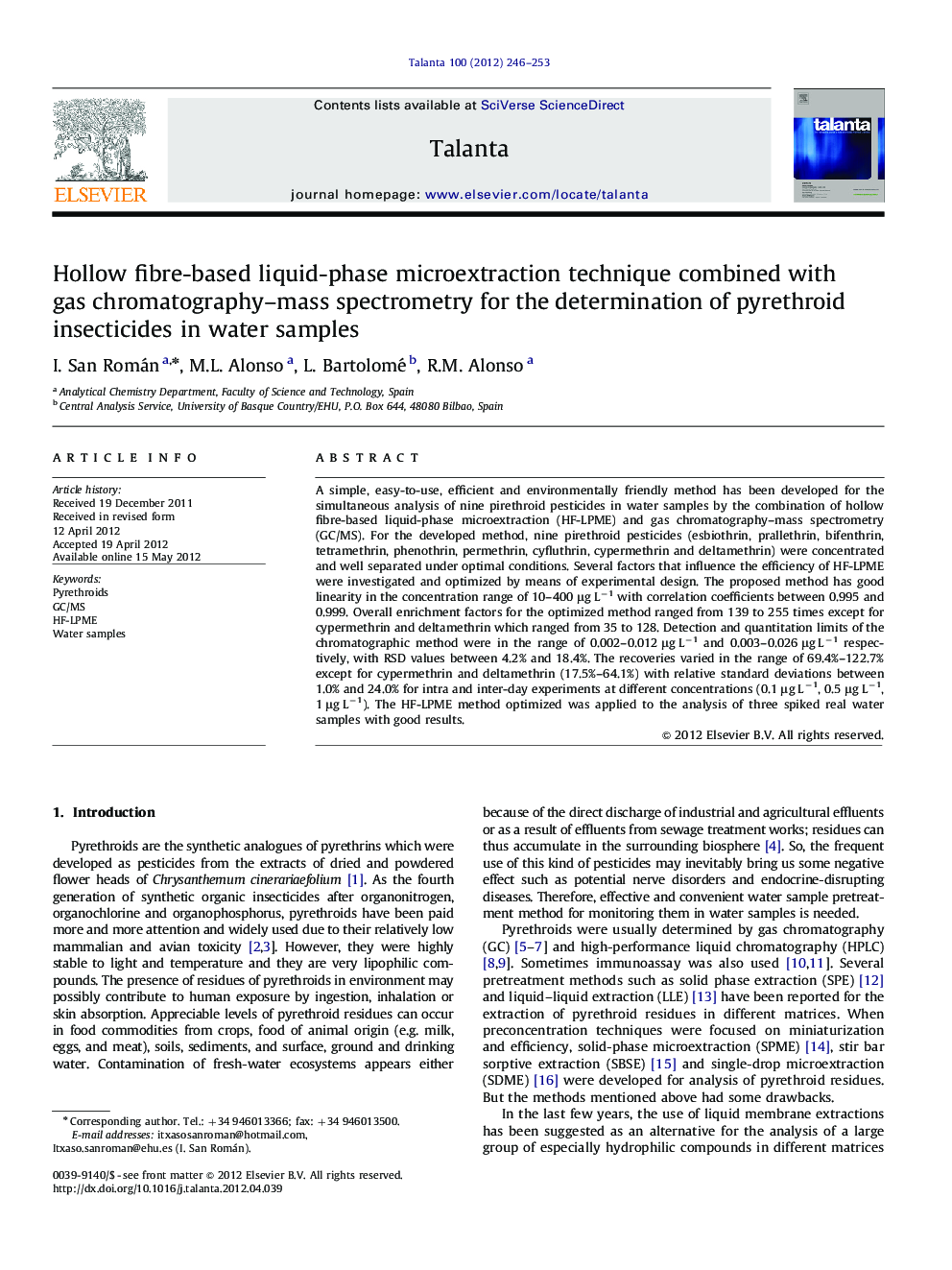 Hollow fibre-based liquid-phase microextraction technique combined with gas chromatography-mass spectrometry for the determination of pyrethroid insecticides in water samples