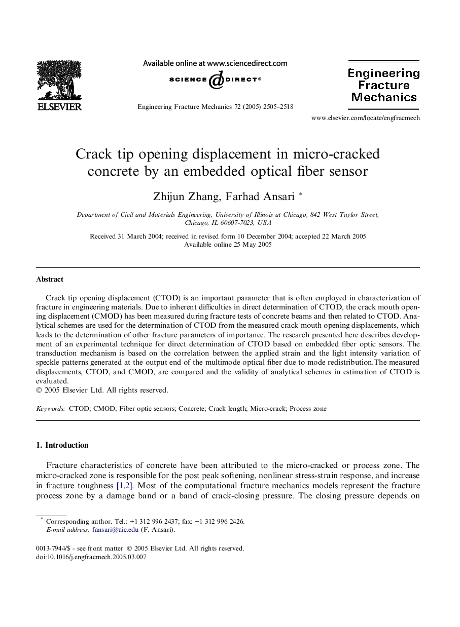 Crack tip opening displacement in micro-cracked concrete by an embedded optical fiber sensor