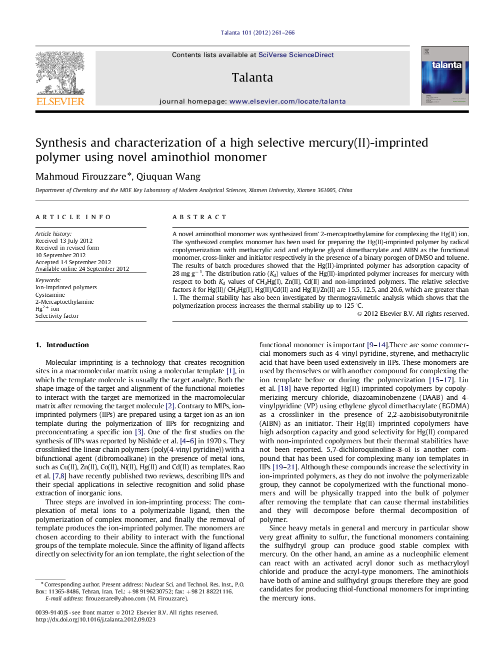 Synthesis and characterization of a high selective mercury(II)-imprinted polymer using novel aminothiol monomer