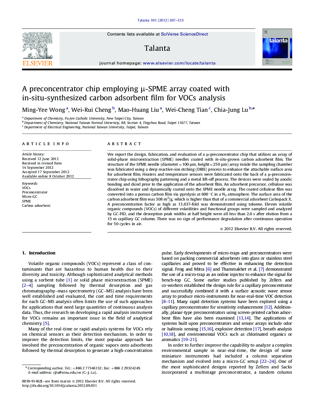 A preconcentrator chip employing Î¼-SPME array coated with in-situ-synthesized carbon adsorbent film for VOCs analysis