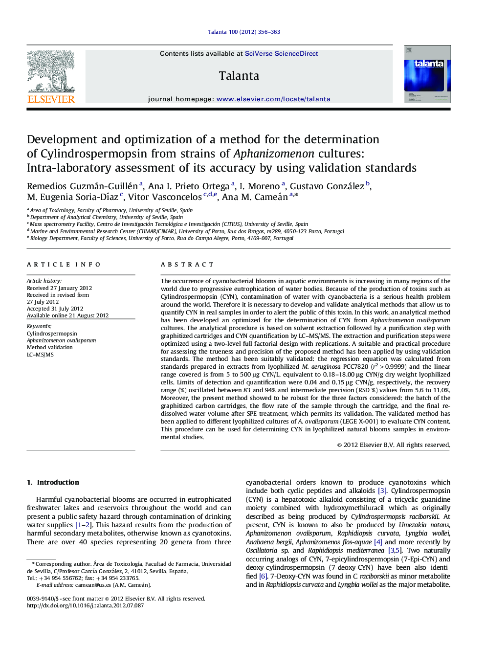 Development and optimization of a method for the determination of Cylindrospermopsin from strains of Aphanizomenon cultures: Intra-laboratory assessment of its accuracy by using validation standards