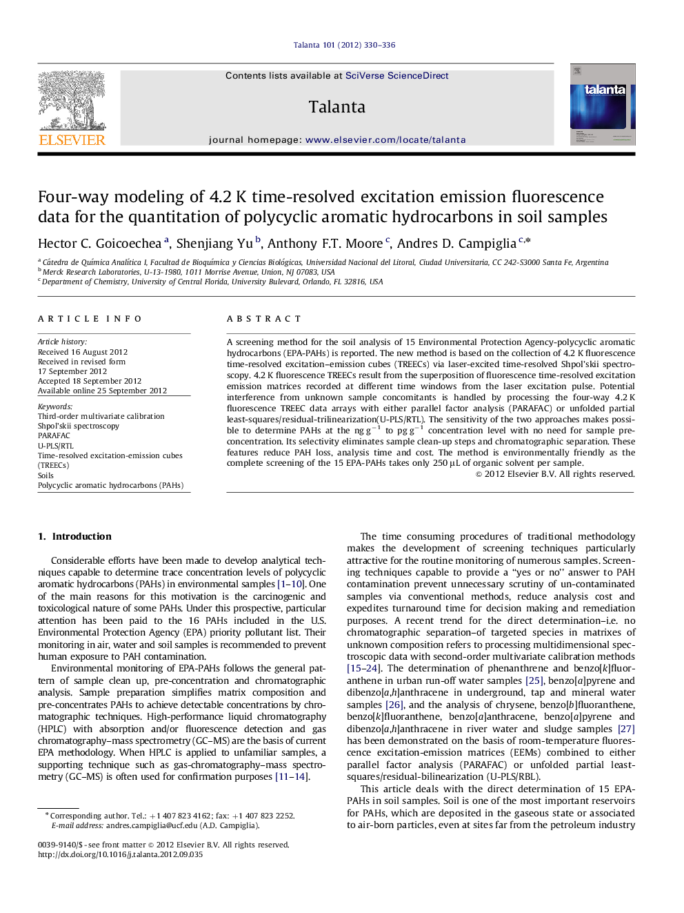 Four-way modeling of 4.2Â K time-resolved excitation emission fluorescence data for the quantitation of polycyclic aromatic hydrocarbons in soil samples