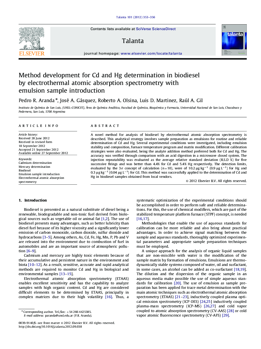 Method development for Cd and Hg determination in biodiesel by electrothermal atomic absorption spectrometry with emulsion sample introduction