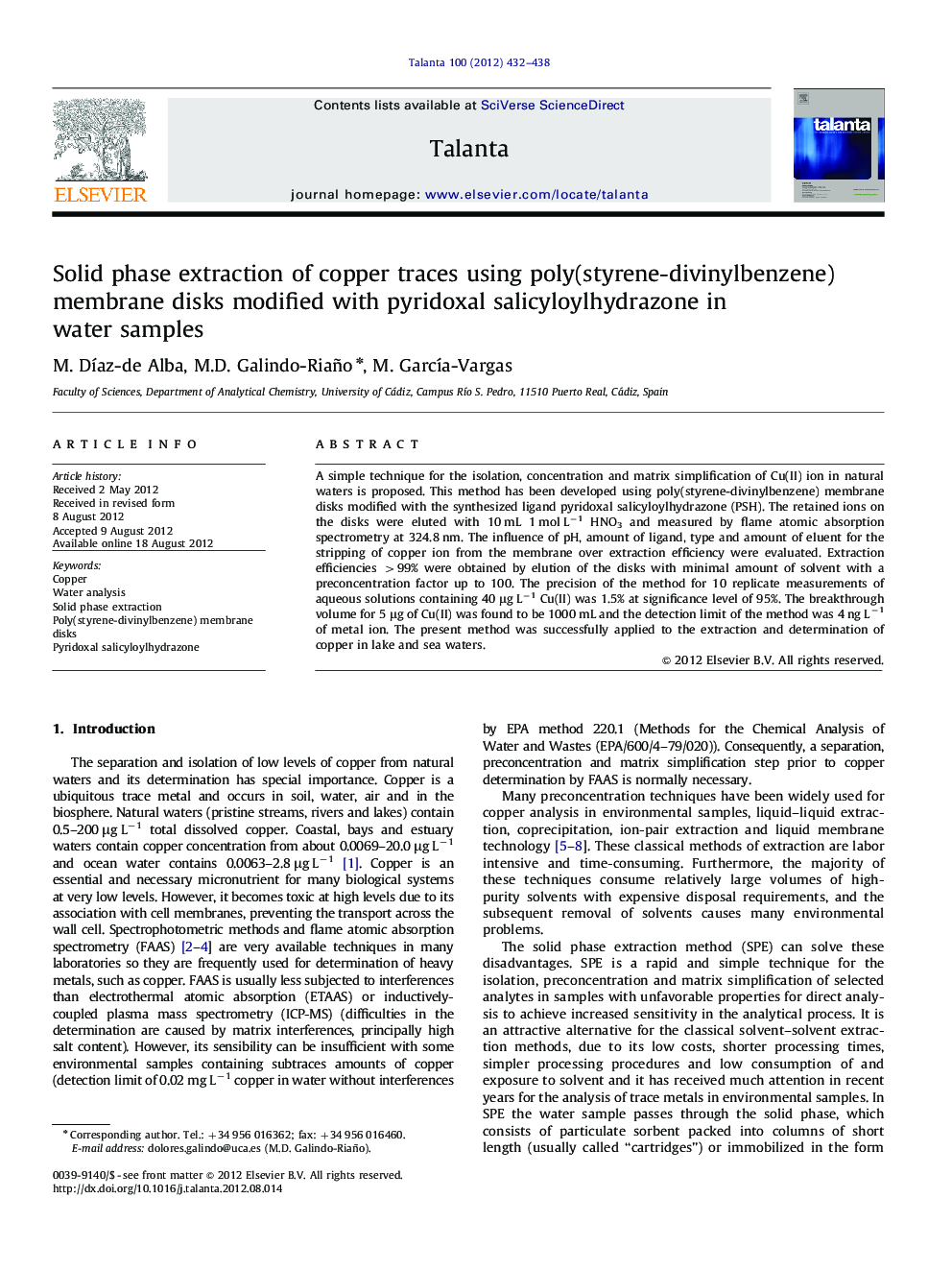 Solid phase extraction of copper traces using poly(styrene-divinylbenzene) membrane disks modified with pyridoxal salicyloylhydrazone in water samples