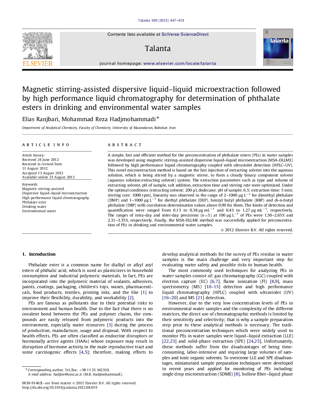 Magnetic stirring-assisted dispersive liquid-liquid microextraction followed by high performance liquid chromatography for determination of phthalate esters in drinking and environmental water samples