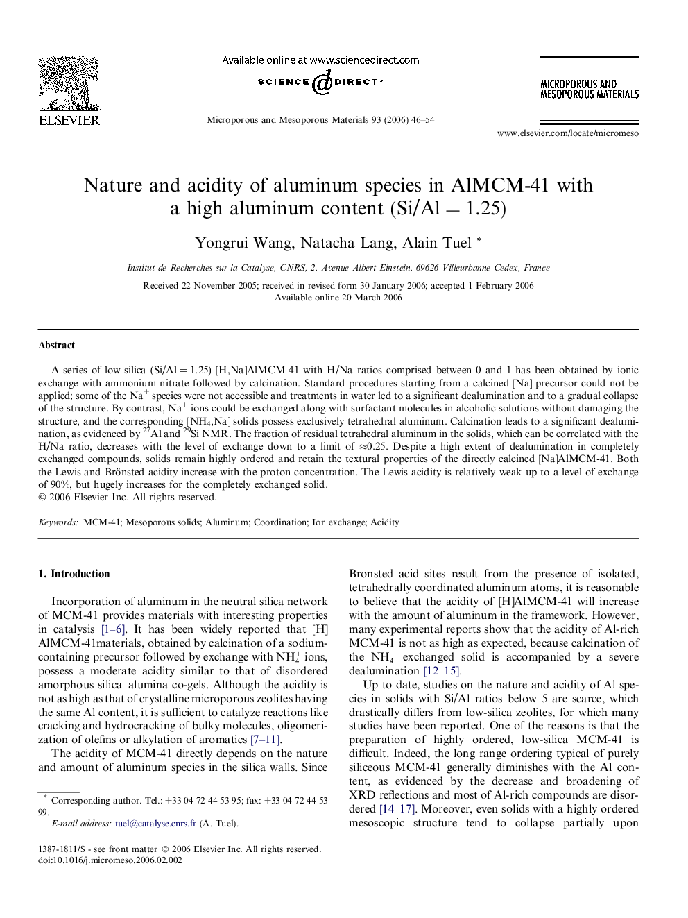 Nature and acidity of aluminum species in AlMCM-41 with a high aluminum content (Si/Al = 1.25)