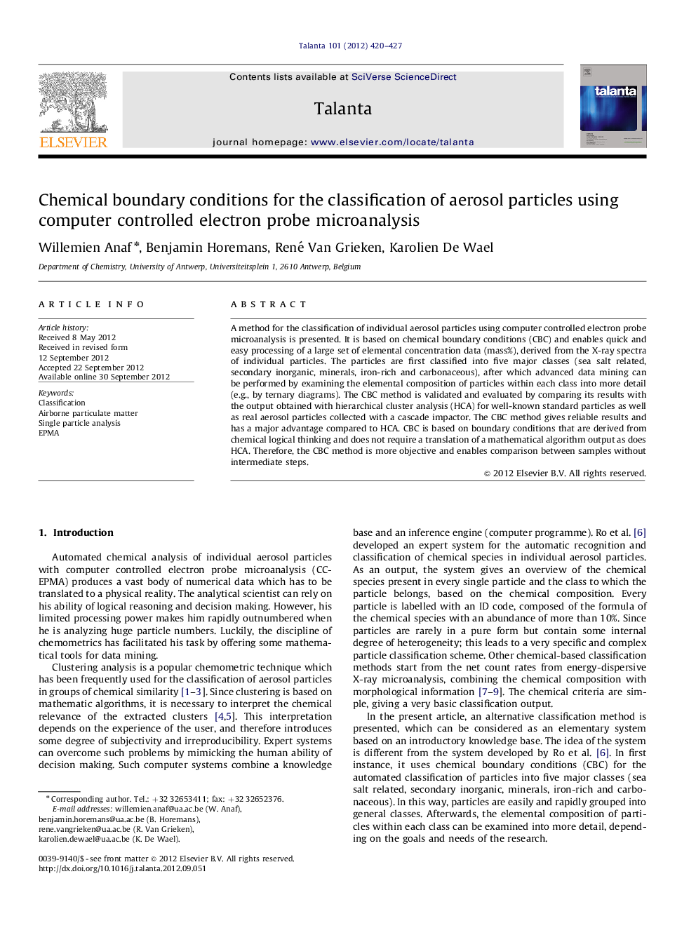 Chemical boundary conditions for the classification of aerosol particles using computer controlled electron probe microanalysis