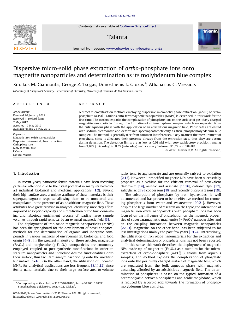 Dispersive micro-solid phase extraction of ortho-phosphate ions onto magnetite nanoparticles and determination as its molybdenum blue complex