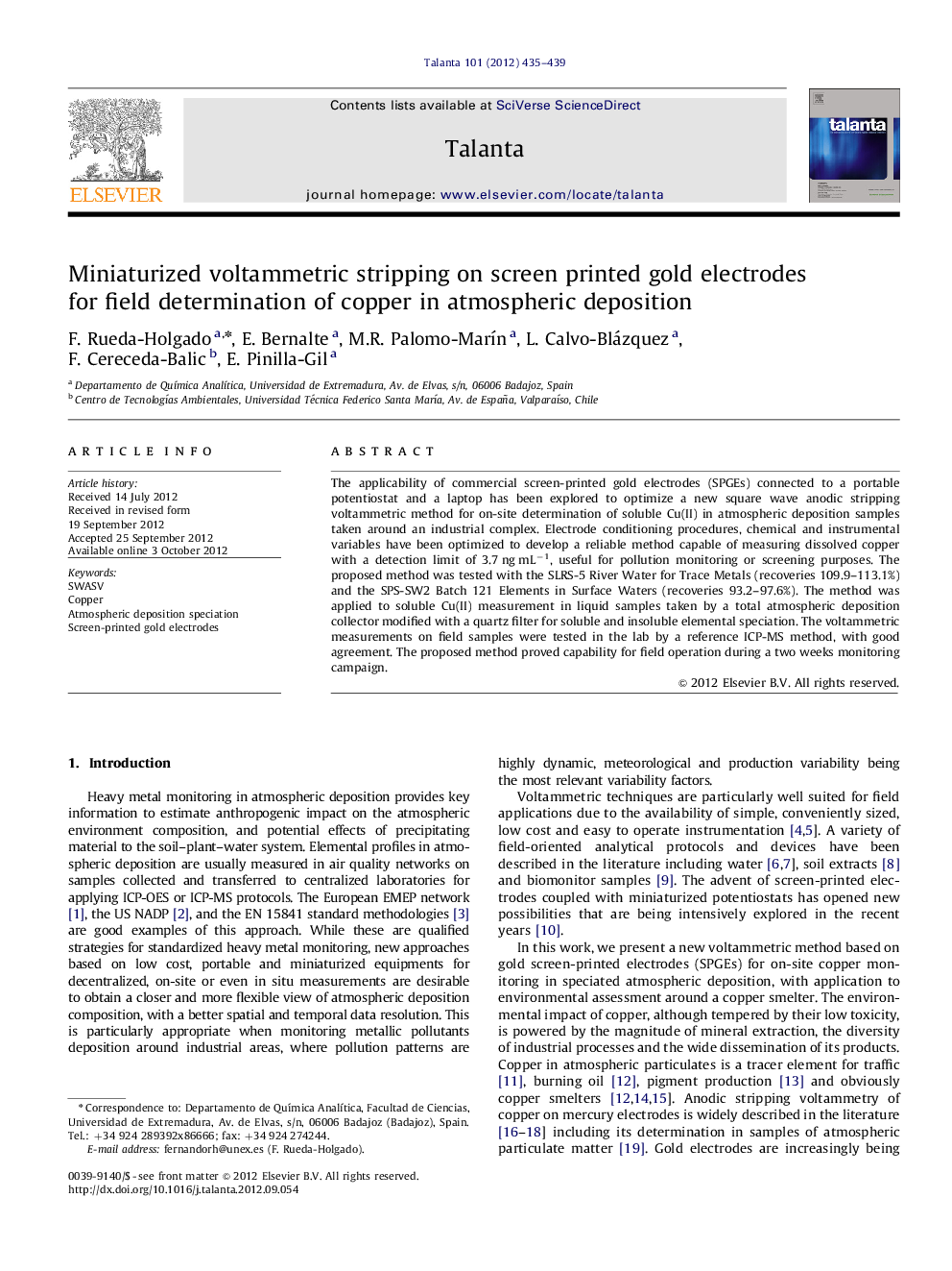 Miniaturized voltammetric stripping on screen printed gold electrodes for field determination of copper in atmospheric deposition