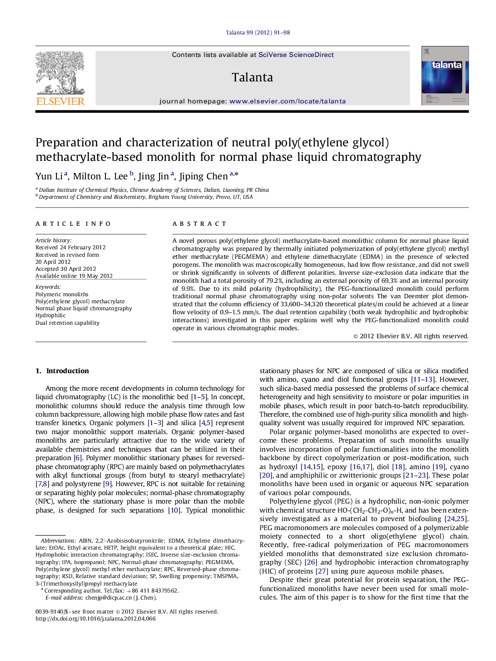 Preparation and characterization of neutral poly(ethylene glycol) methacrylate-based monolith for normal phase liquid chromatography