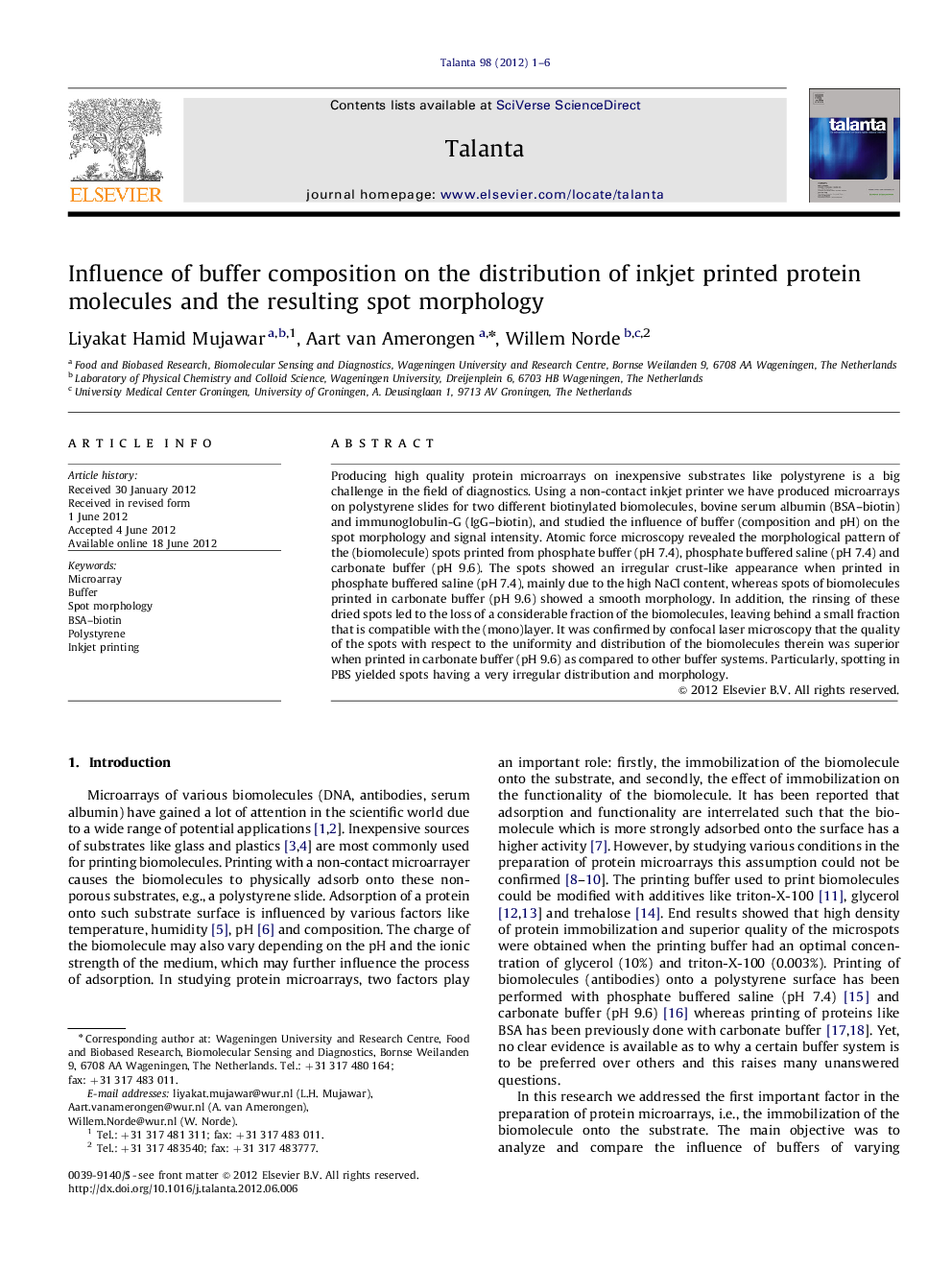 Influence of buffer composition on the distribution of inkjet printed protein molecules and the resulting spot morphology