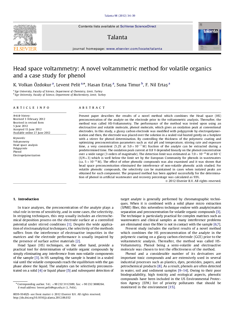 Head space voltammetry: A novel voltammetric method for volatile organics and a case study for phenol