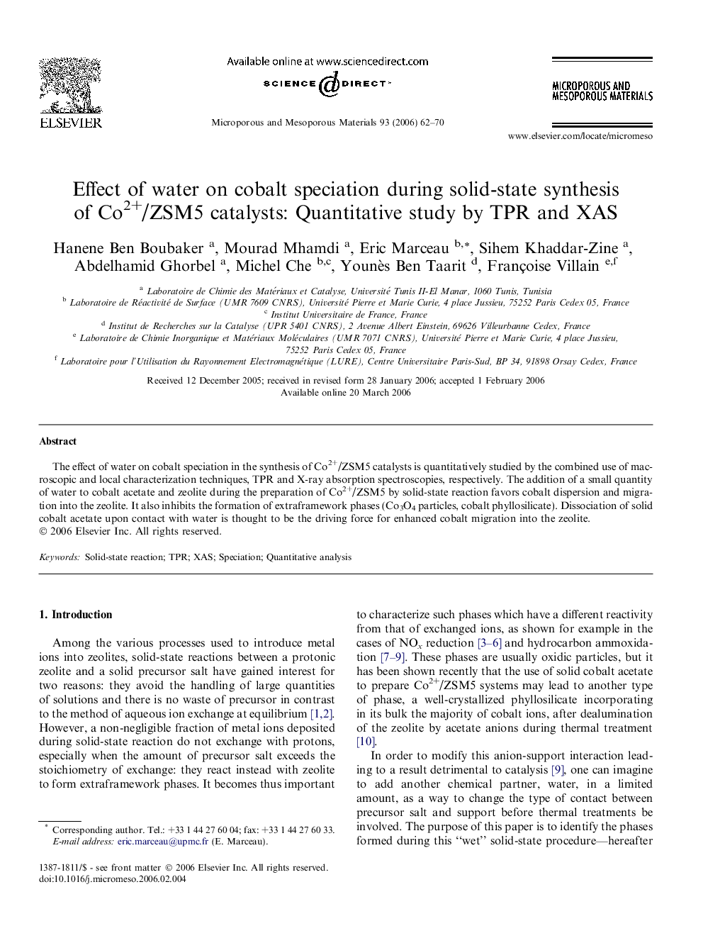 Effect of water on cobalt speciation during solid-state synthesis of Co2+/ZSM5 catalysts: Quantitative study by TPR and XAS