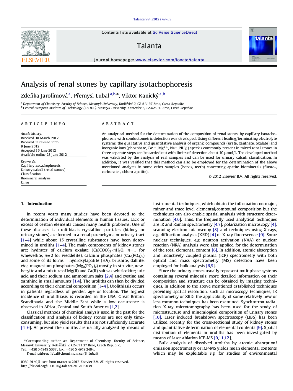 Analysis of renal stones by capillary isotachophoresis