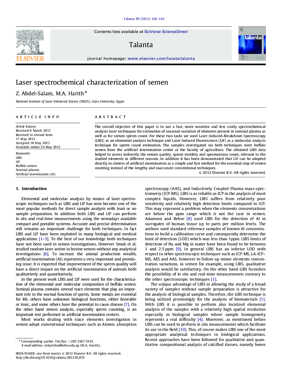 Laser spectrochemical characterization of semen