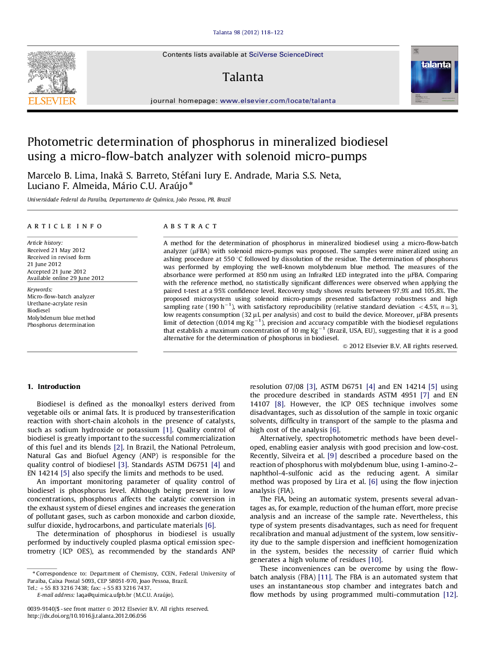 Photometric determination of phosphorus in mineralized biodiesel using a micro-flow-batch analyzer with solenoid micro-pumps