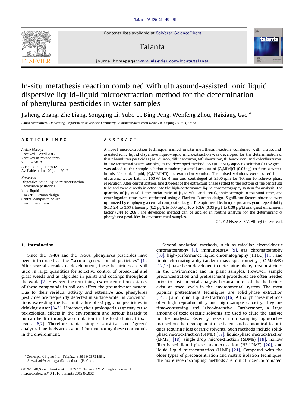 In-situ metathesis reaction combined with ultrasound-assisted ionic liquid dispersive liquid-liquid microextraction method for the determination of phenylurea pesticides in water samples