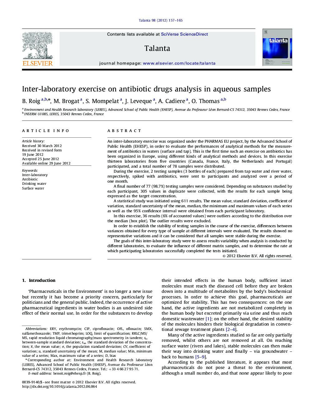 Inter-laboratory exercise on antibiotic drugs analysis in aqueous samples