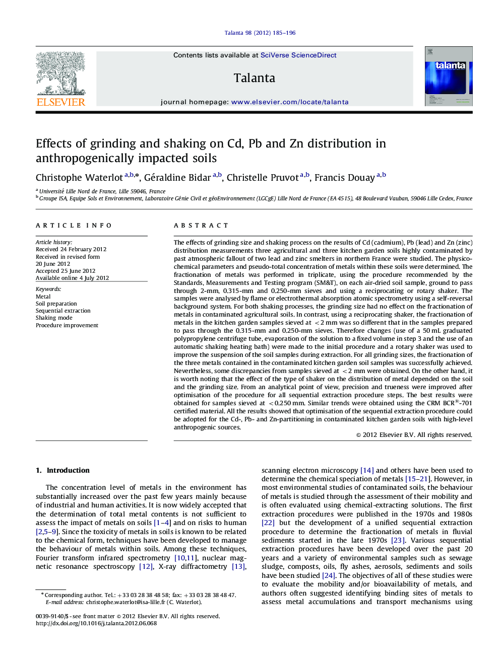 Effects of grinding and shaking on Cd, Pb and Zn distribution in anthropogenically impacted soils