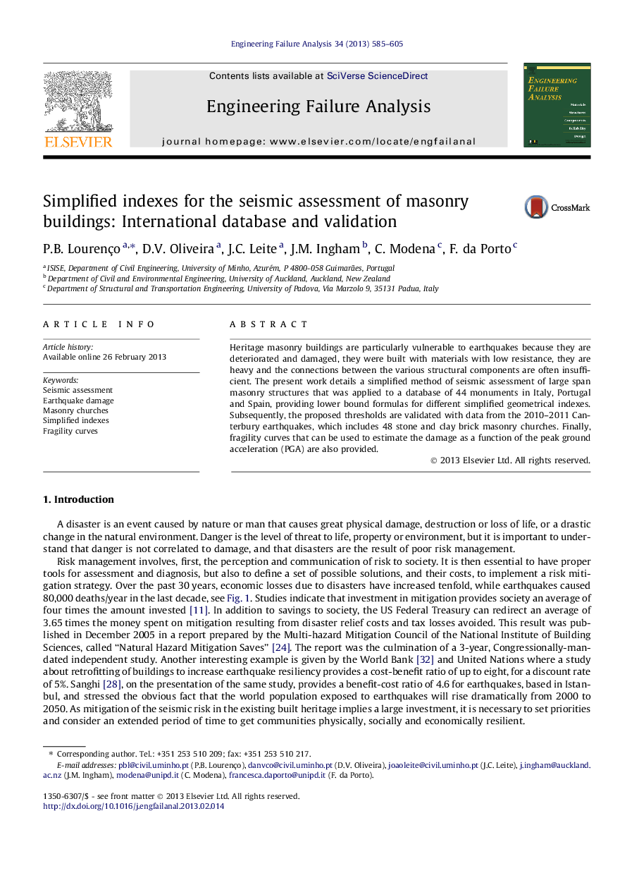 Simplified indexes for the seismic assessment of masonry buildings: International database and validation