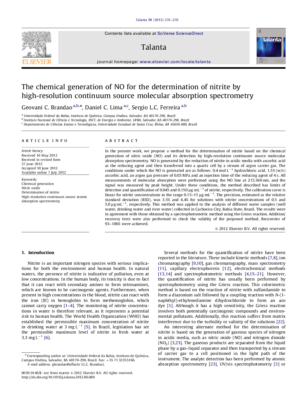 The chemical generation of NO for the determination of nitrite by high-resolution continuum source molecular absorption spectrometry