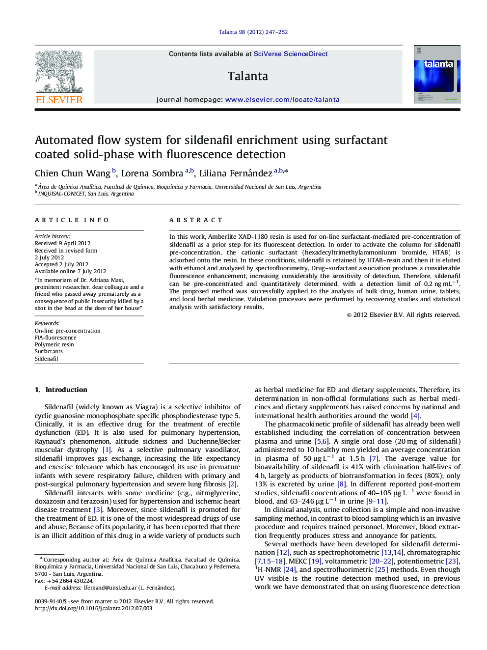 Automated flow system for sildenafil enrichment using surfactant coated solid-phase with fluorescence detection