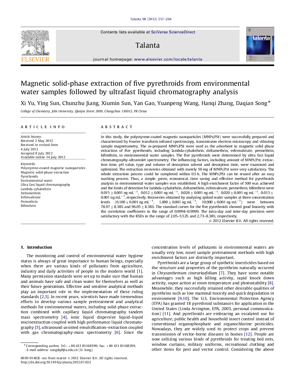 Magnetic solid-phase extraction of five pyrethroids from environmental water samples followed by ultrafast liquid chromatography analysis