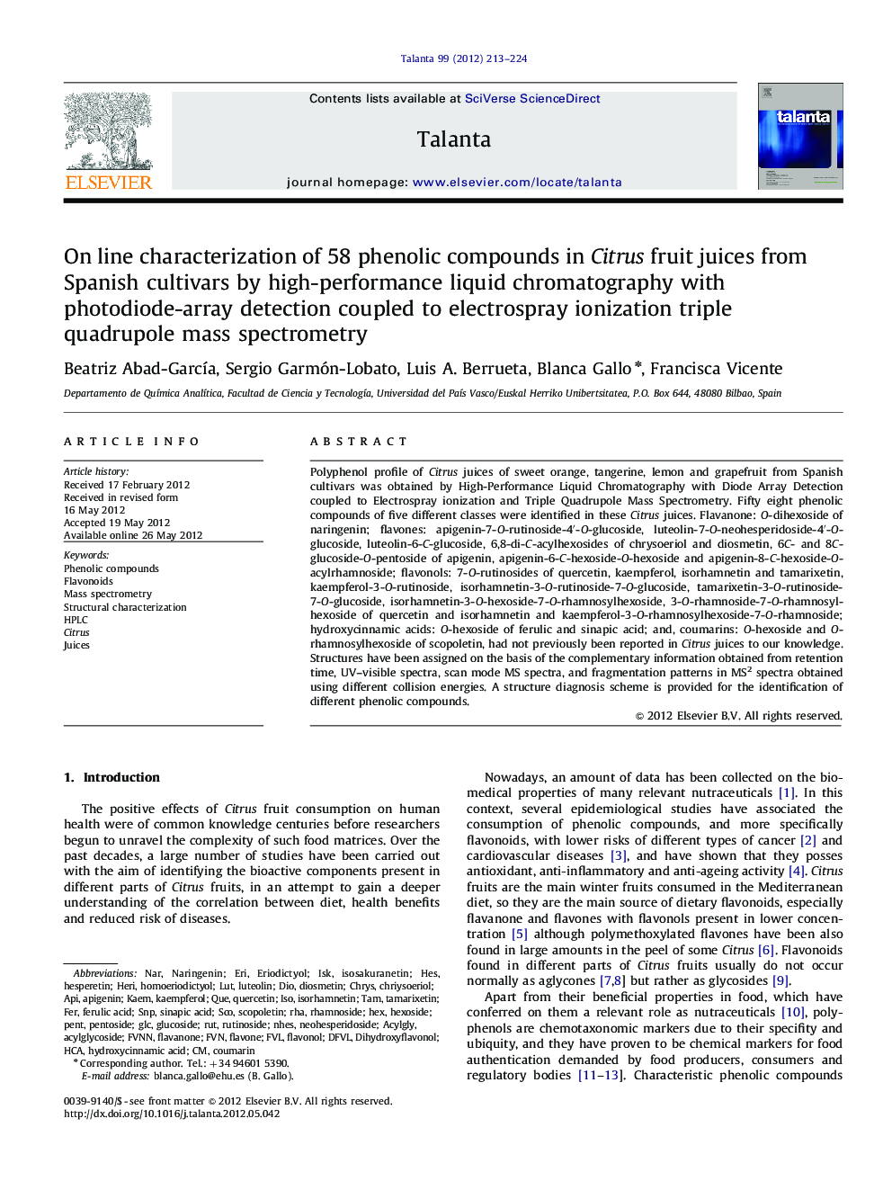 On line characterization of 58 phenolic compounds in Citrus fruit juices from Spanish cultivars by high-performance liquid chromatography with photodiode-array detection coupled to electrospray ionization triple quadrupole mass spectrometry