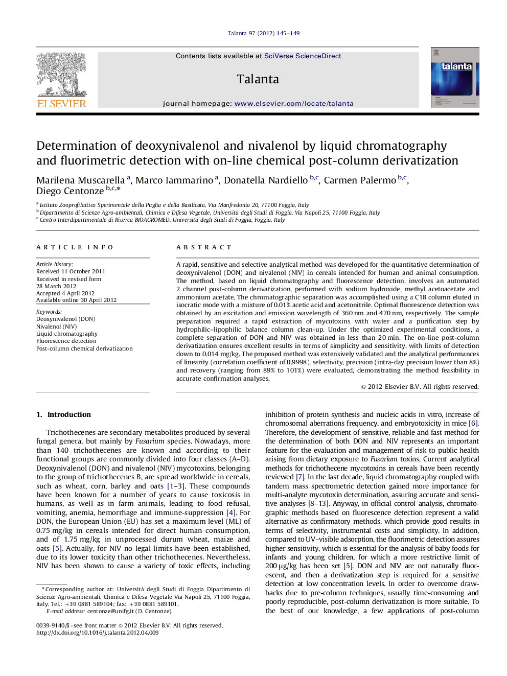 Determination of deoxynivalenol and nivalenol by liquid chromatography and fluorimetric detection with on-line chemical post-column derivatization