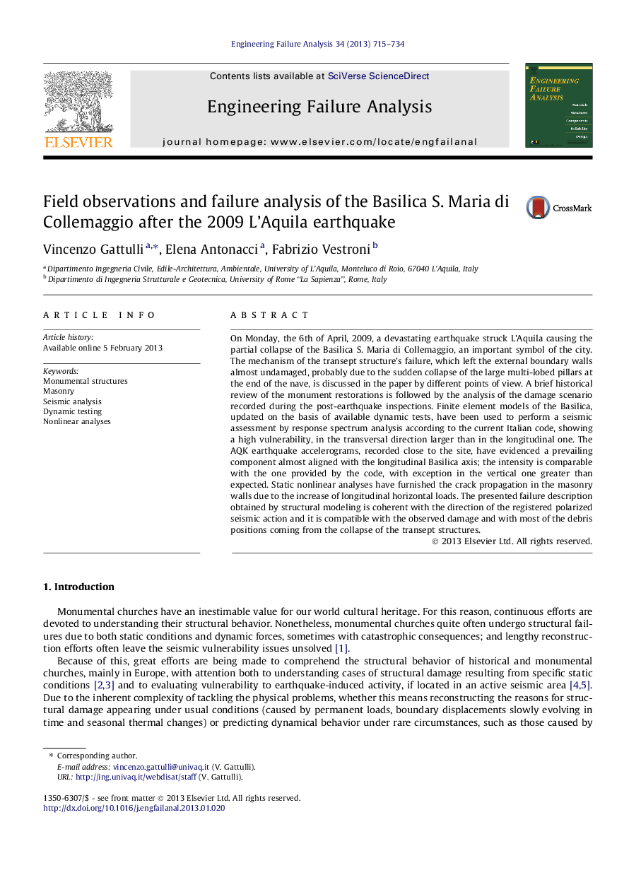 Field observations and failure analysis of the Basilica S. Maria di Collemaggio after the 2009 L’Aquila earthquake