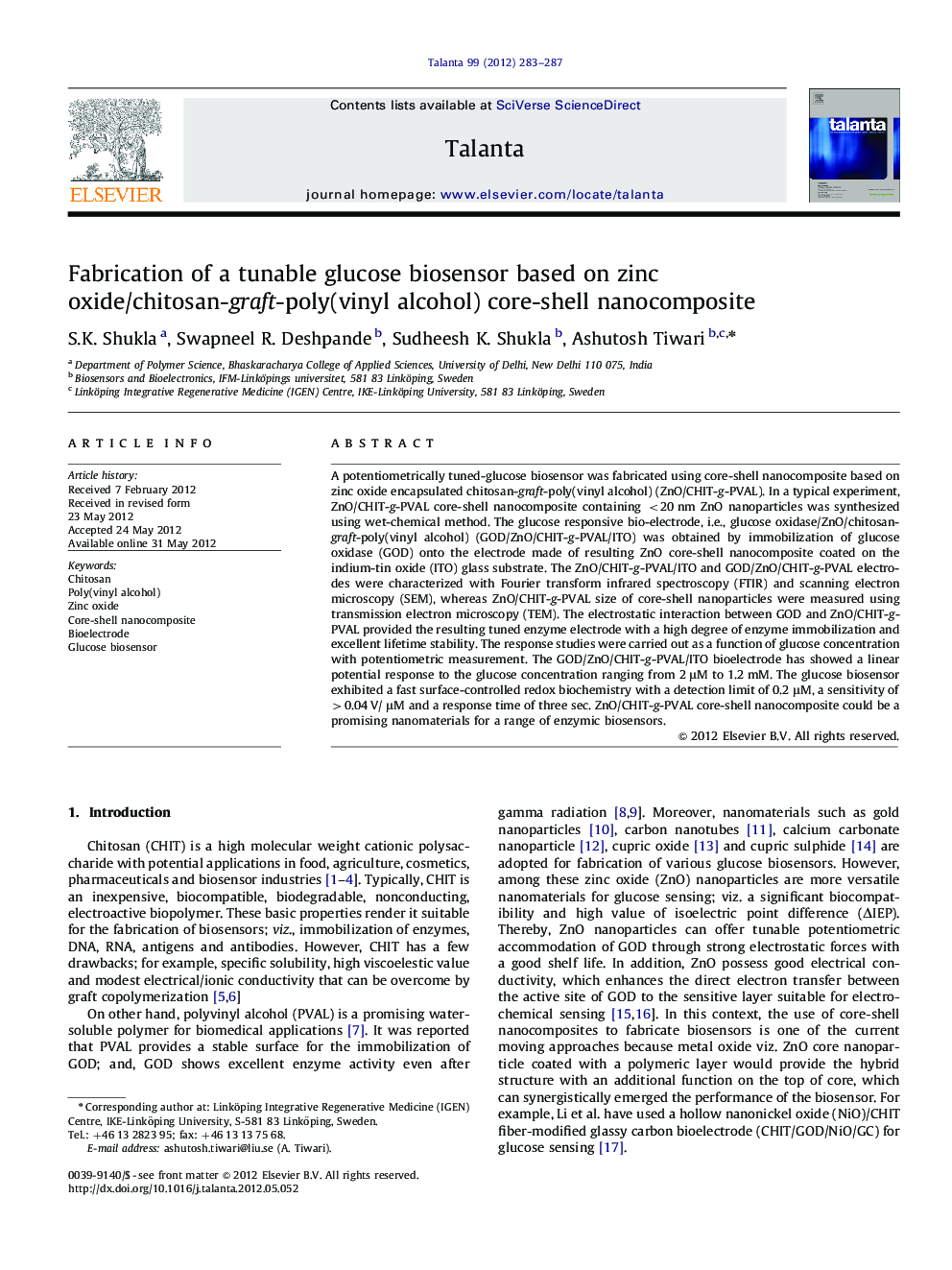 Fabrication of a tunable glucose biosensor based on zinc oxide/chitosan-graft-poly(vinyl alcohol) core-shell nanocomposite