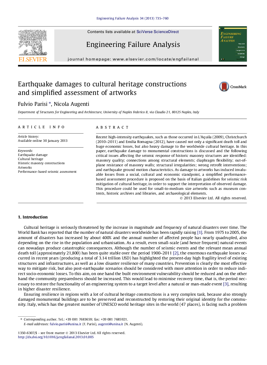 Earthquake damages to cultural heritage constructions and simplified assessment of artworks