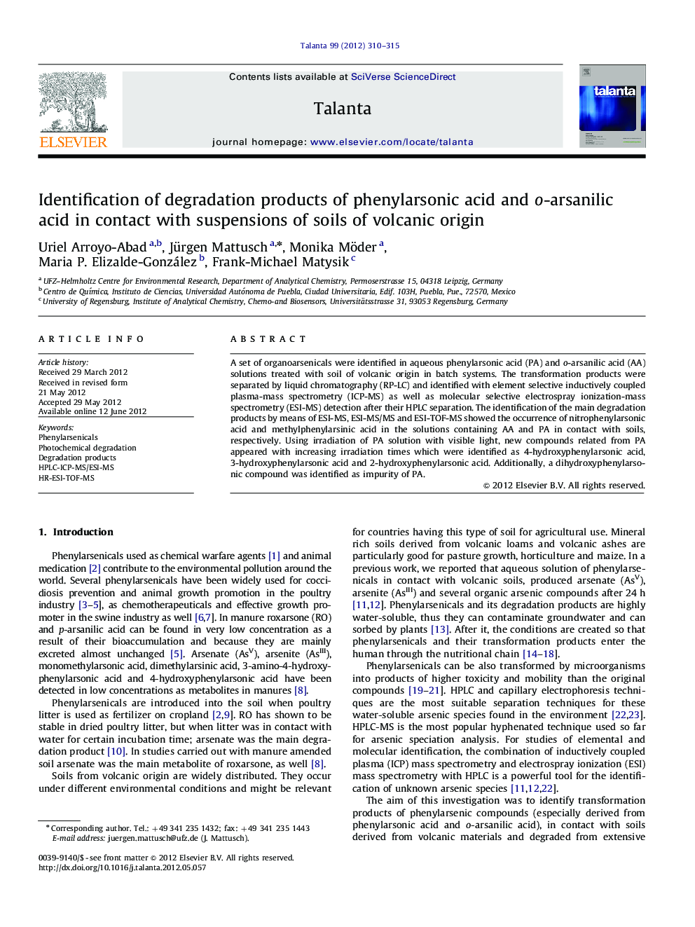Identification of degradation products of phenylarsonic acid and o-arsanilic acid in contact with suspensions of soils of volcanic origin