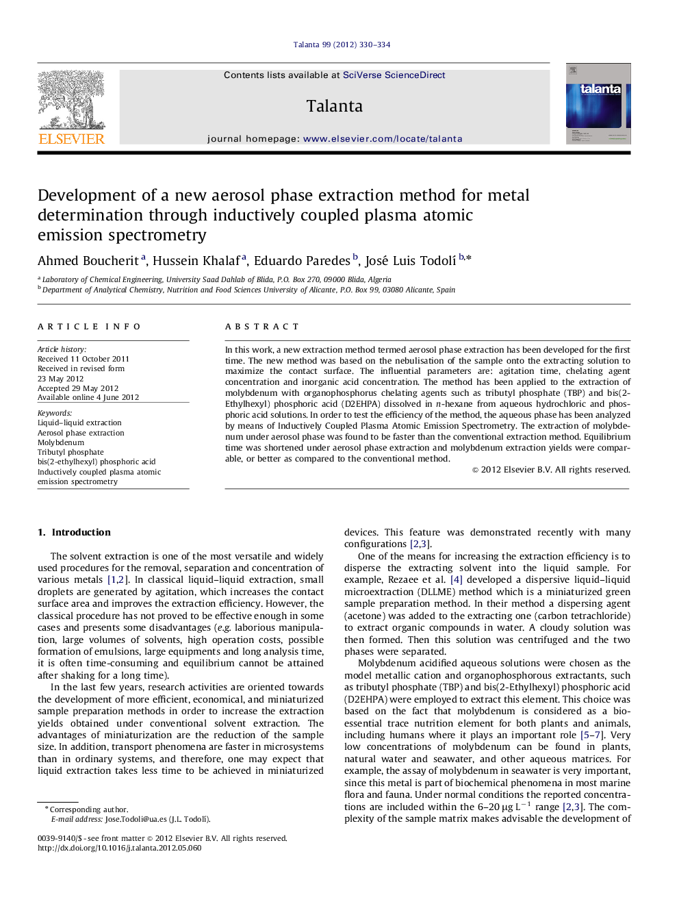 Development of a new aerosol phase extraction method for metal determination through inductively coupled plasma atomic emission spectrometry