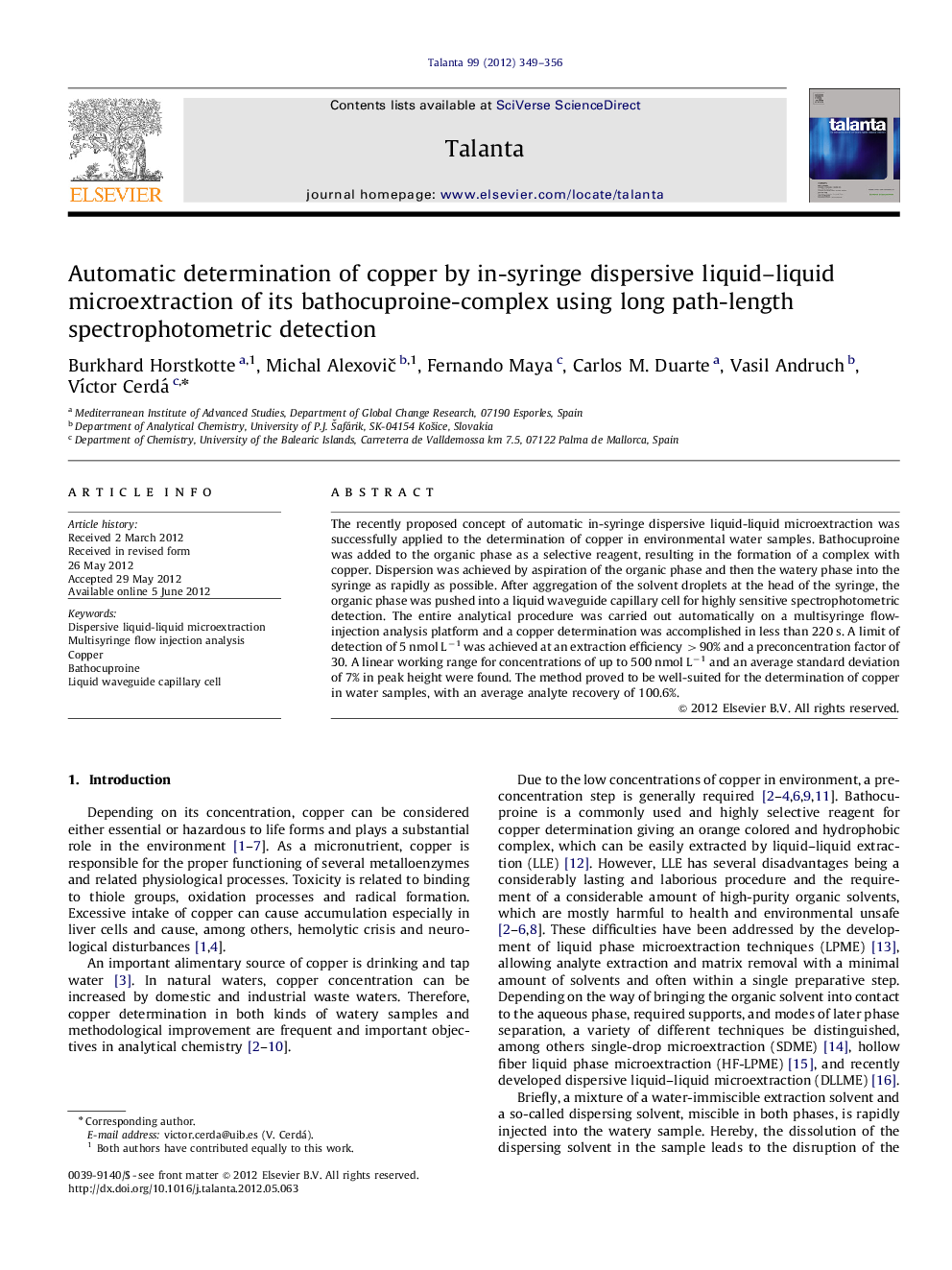 Automatic determination of copper by in-syringe dispersive liquid-liquid microextraction of its bathocuproine-complex using long path-length spectrophotometric detection