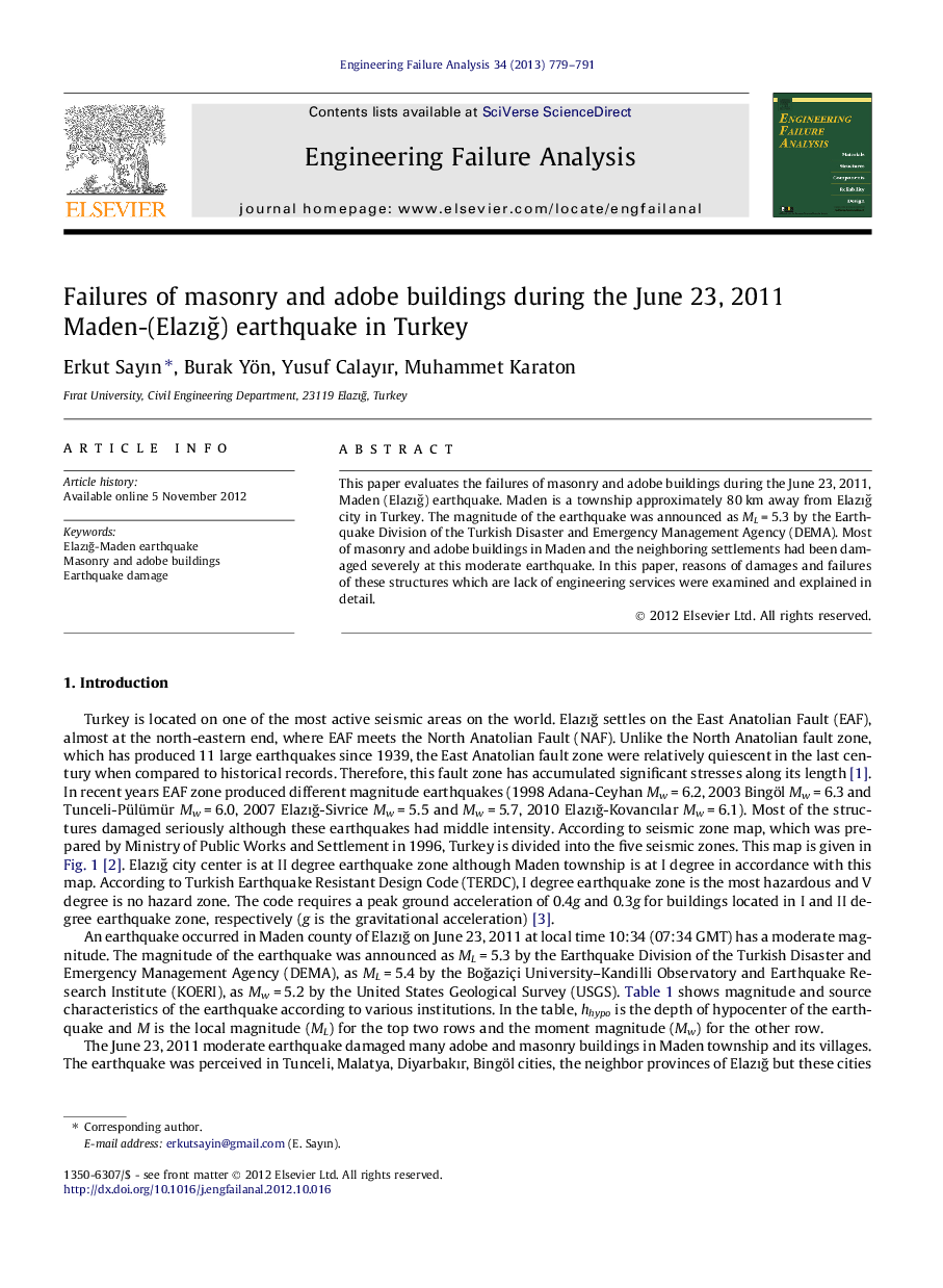 Failures of masonry and adobe buildings during the June 23, 2011 Maden-(Elazığ) earthquake in Turkey