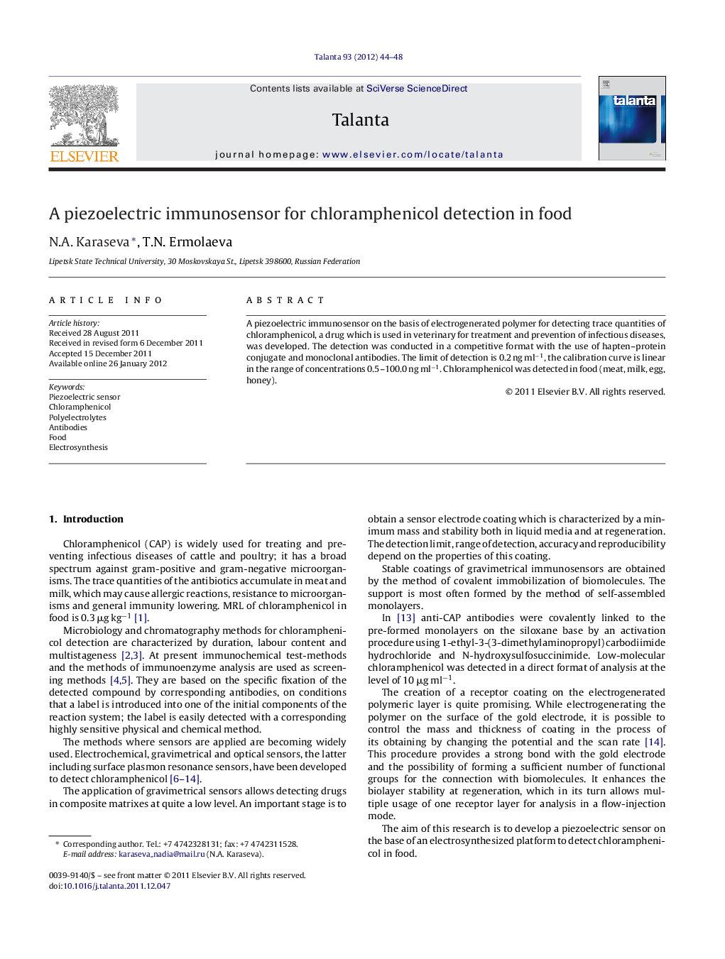 A piezoelectric immunosensor for chloramphenicol detection in food