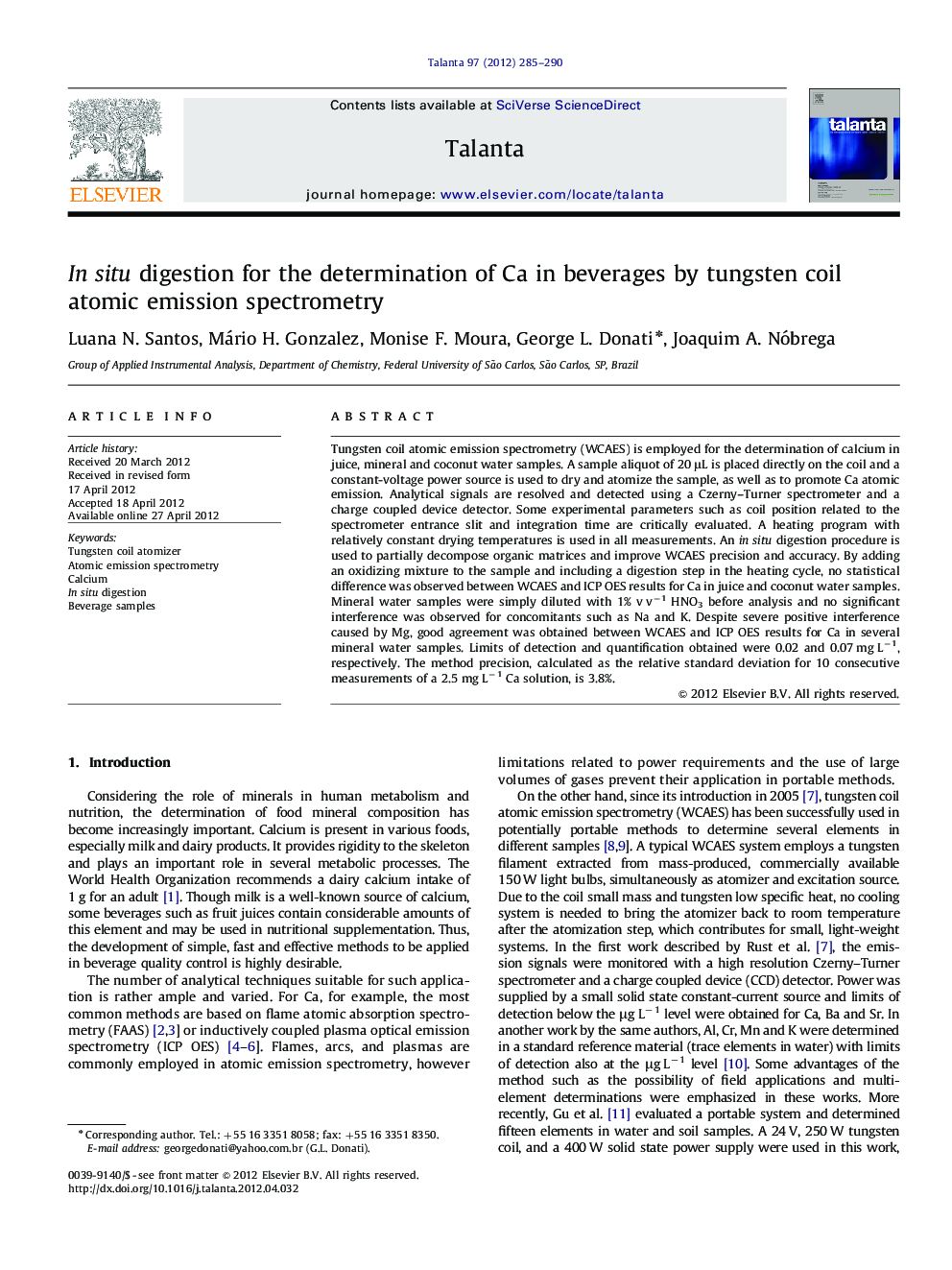 In situ digestion for the determination of Ca in beverages by tungsten coil atomic emission spectrometry